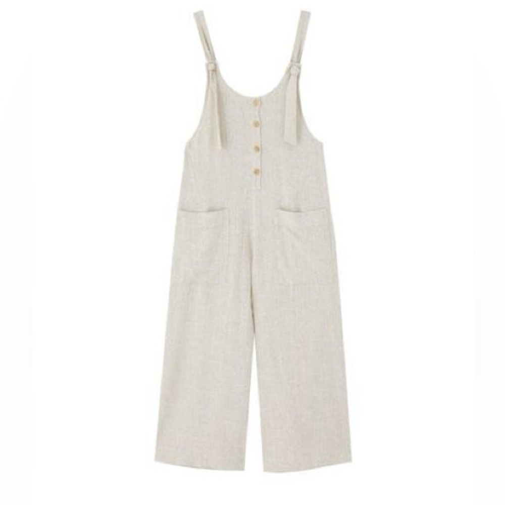 Shinestar Summer Linen Pocket Jumpsuit Boho Wide Leg Streetwear Beige Casual S